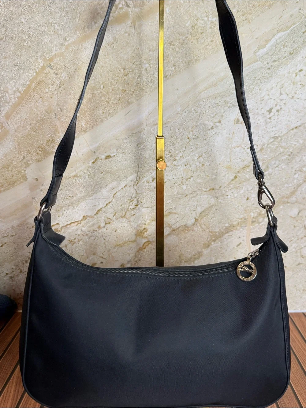 Longchamp Black Nylon Leather Hobo Shoulder Bag Silver Hardware